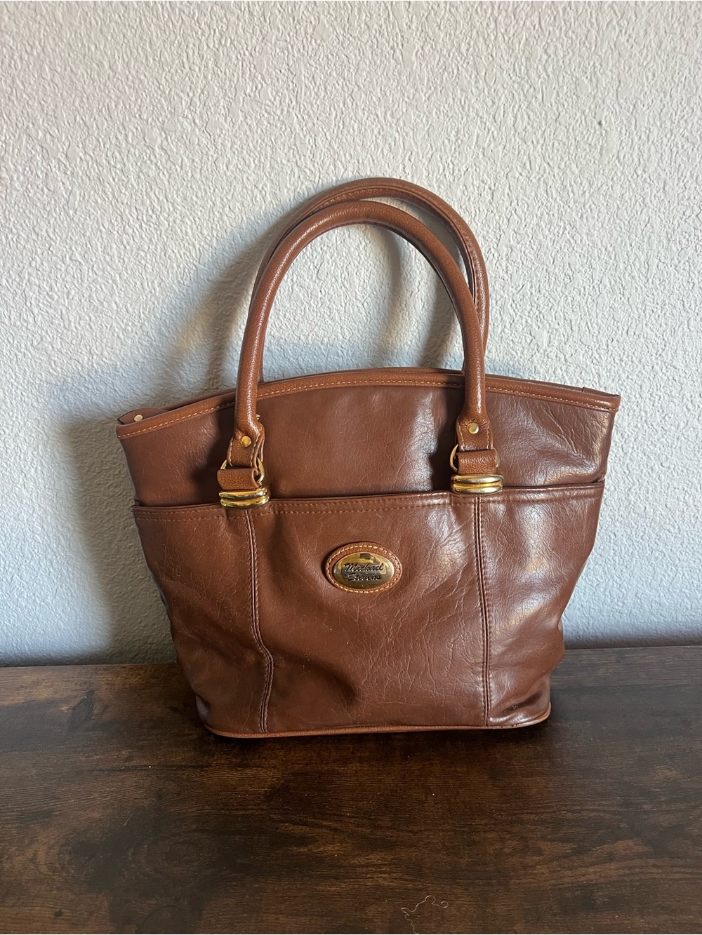 Michael Stevens Vintage Brown Leather Tote Handbag with Gold Hardware